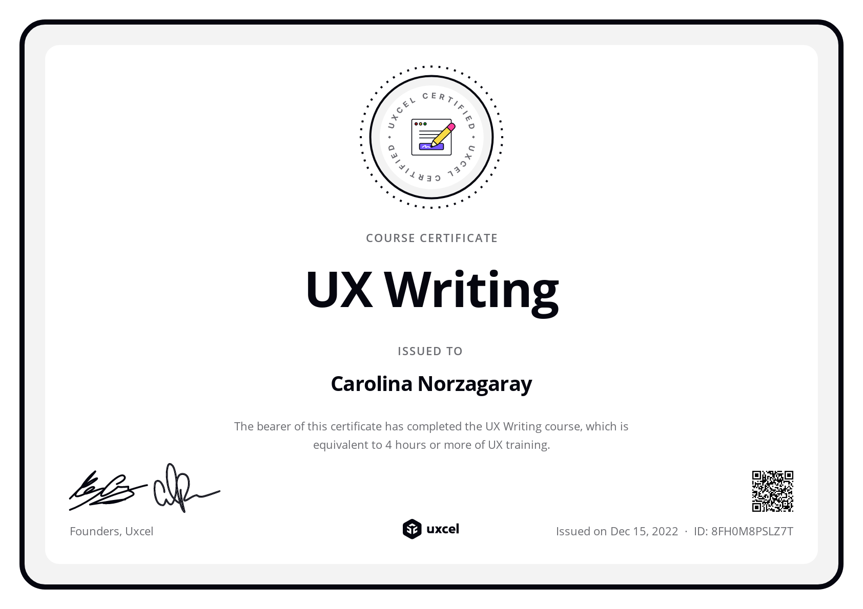 Carolina Norzagaray's certificate